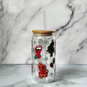 Holiday Glass Tumbler with Straw and Festive Designs - Mickey Mouse Inspired